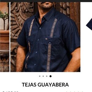 TEJAS GUAYABERAS Men's Navy Short Sleeve Shirt with Gold Detailing